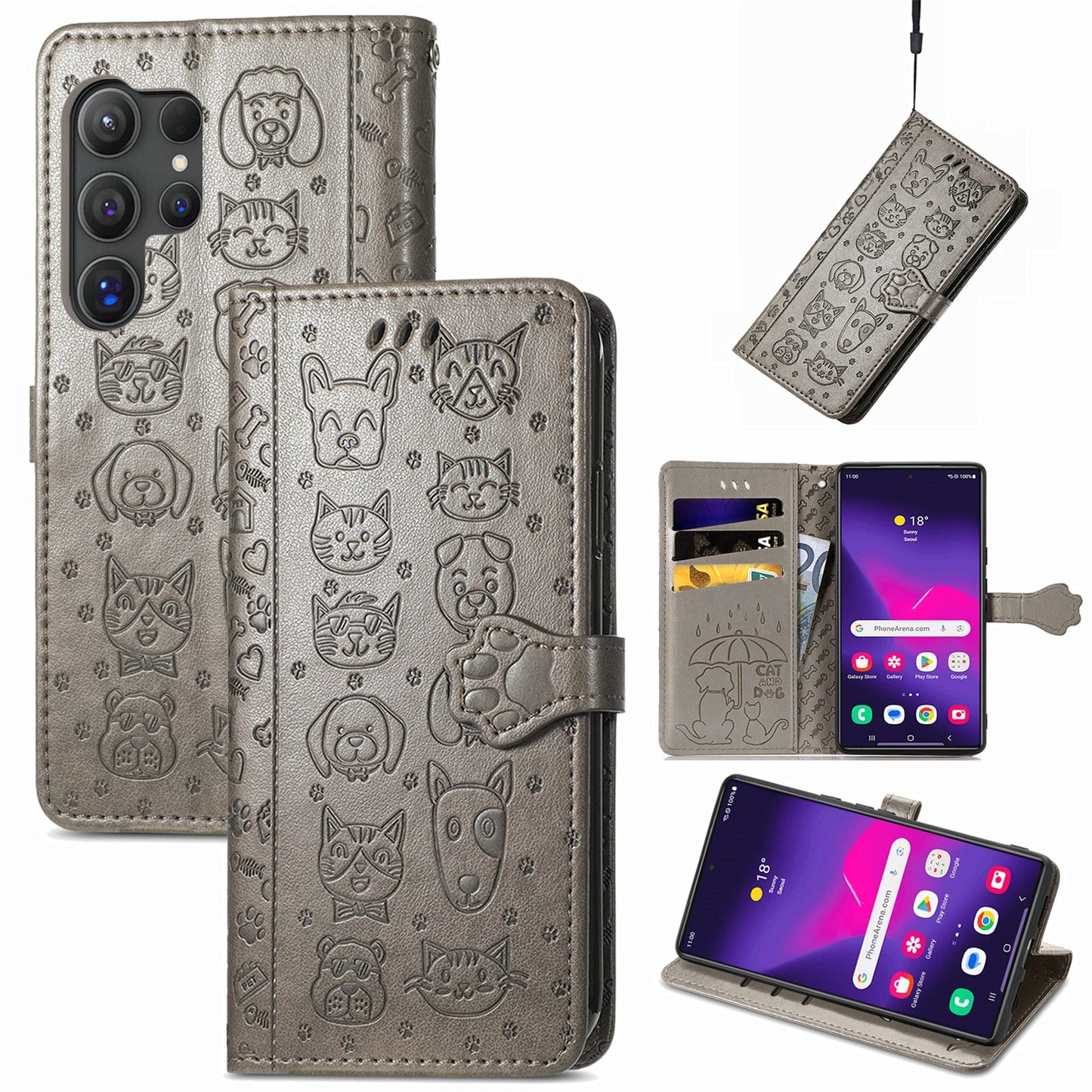 For Samsung Galaxy S25 Ultra Leather Case Wallet Flip Phone Cover Cute Cat Dog Pattern - Grey