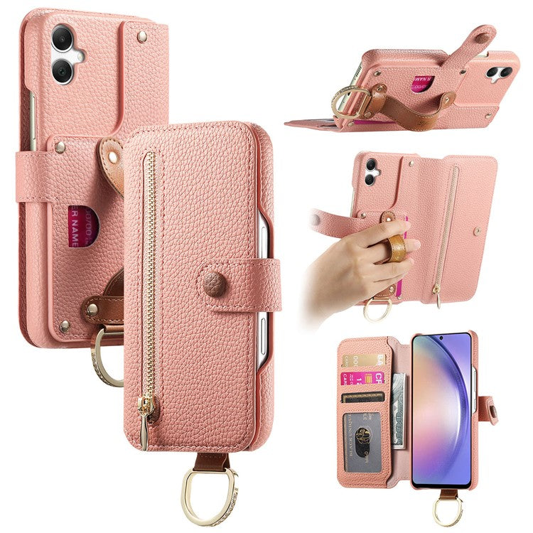 For Samsung Galaxy A05 4G Case RFID Blocking Zipper Wallet PU Leather Mobile Cover - Pink