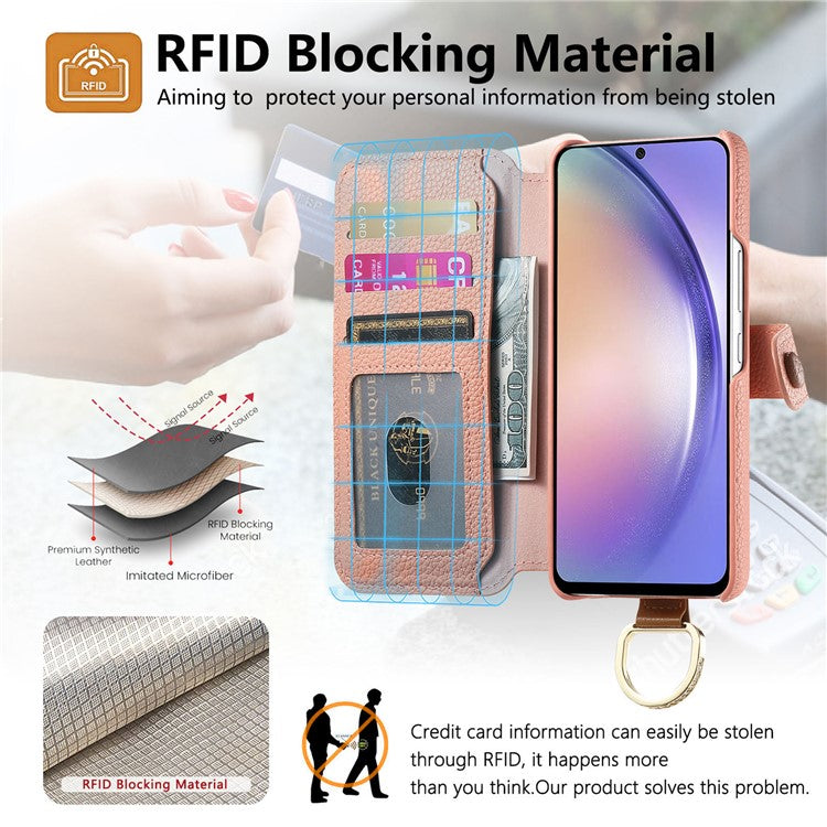 For Samsung Galaxy A05 4G Case RFID Blocking Zipper Wallet PU Leather Mobile Cover - Pink