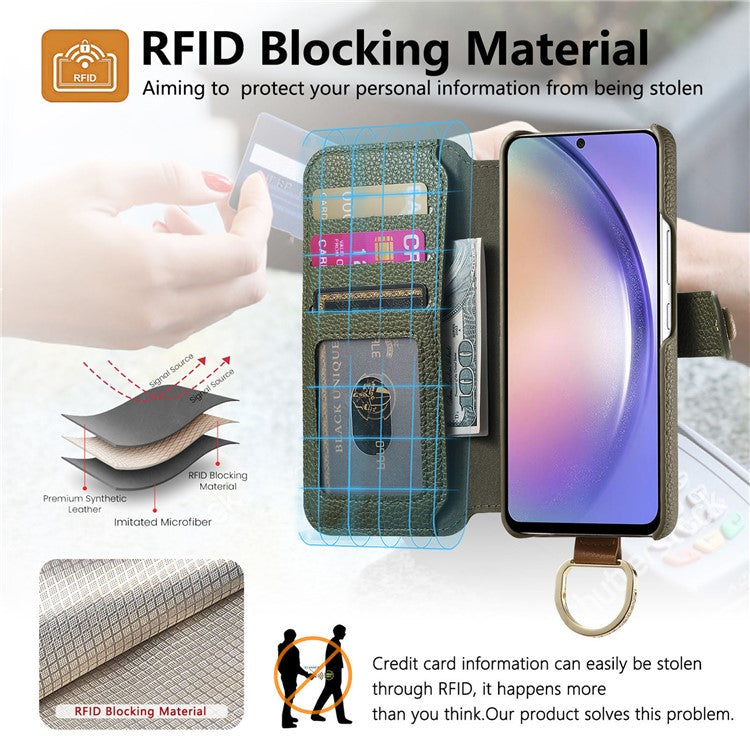For Samsung Galaxy A25 5G (Global) (161.0 x 76.5 x 8.3mm) Case RFID Blocking Zipper Wallet PU Leather Mobile Cover - Green