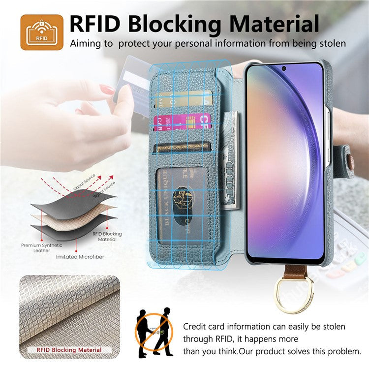For Samsung Galaxy A25 5G (Global) (161.0 x 76.5 x 8.3mm) Case RFID Blocking Zipper Wallet PU Leather Mobile Cover - Blue
