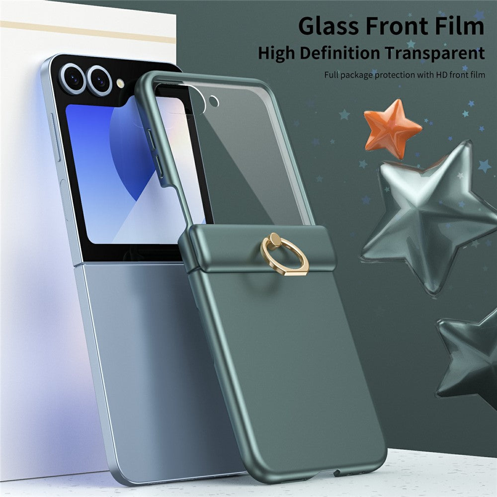 For Samsung Galaxy Z Flip7 FE 5G / Z Flip6 5G Case with Tempered Glass Film Ring Holder Kickstand PC Phone Cover - Green