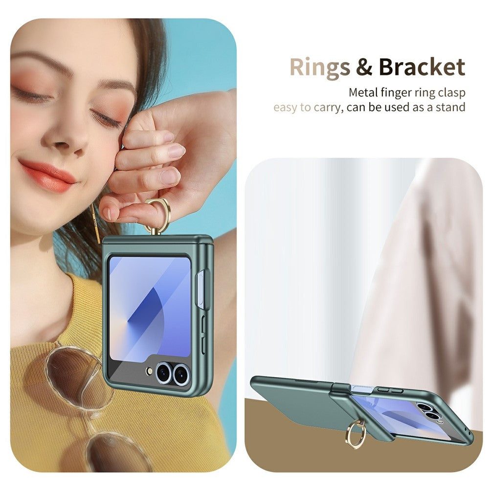 For Samsung Galaxy Z Flip7 FE 5G / Z Flip6 5G Case with Tempered Glass Film Ring Holder Kickstand PC Phone Cover - Green