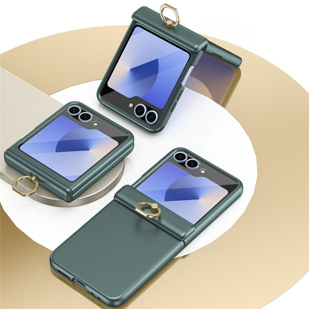 For Samsung Galaxy Z Flip7 FE 5G / Z Flip6 5G Case with Tempered Glass Film Ring Holder Kickstand PC Phone Cover - Green