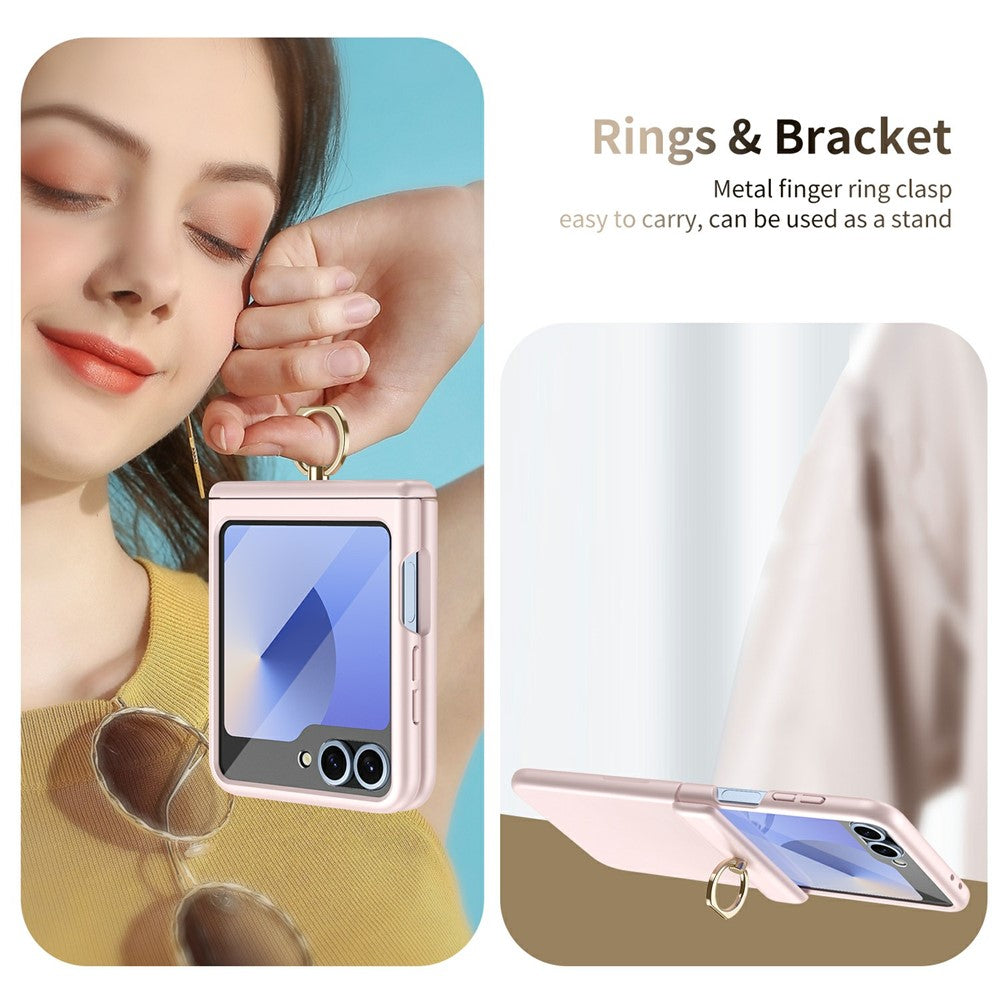 For Samsung Galaxy Z Flip7 FE 5G / Z Flip6 5G Case with Tempered Glass Film Ring Holder Kickstand PC Phone Cover - Pink