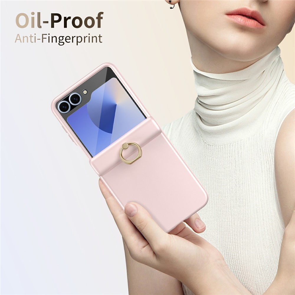 For Samsung Galaxy Z Flip7 FE 5G / Z Flip6 5G Case with Tempered Glass Film Ring Holder Kickstand PC Phone Cover - Pink