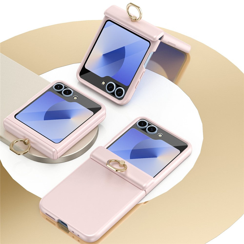 For Samsung Galaxy Z Flip7 FE 5G / Z Flip6 5G Case with Tempered Glass Film Ring Holder Kickstand PC Phone Cover - Pink