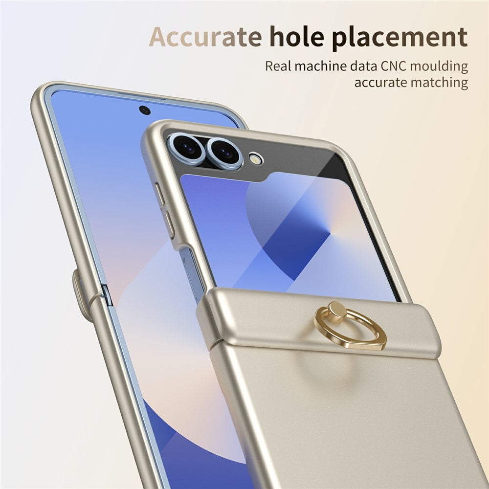 For Samsung Galaxy Z Flip7 FE 5G / Z Flip6 5G Case with Tempered Glass Film Ring Holder Kickstand PC Phone Cover - Gold
