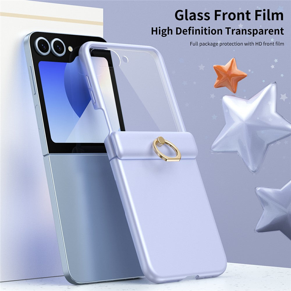 For Samsung Galaxy Z Flip7 FE 5G / Z Flip6 5G Case with Tempered Glass Film Ring Holder Kickstand PC Phone Cover - Purple