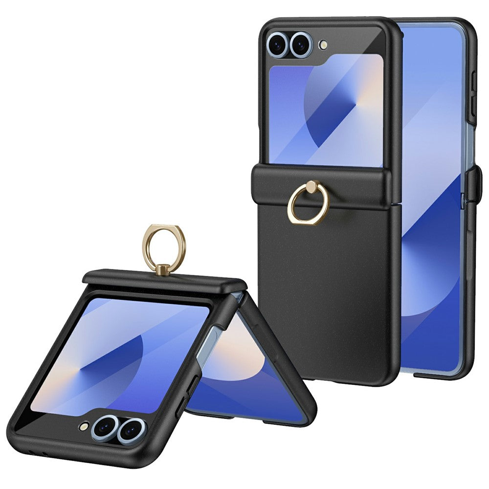 For Samsung Galaxy Z Flip7 FE 5G / Z Flip6 5G Case with Tempered Glass Film Ring Holder Kickstand PC Phone Cover - Black