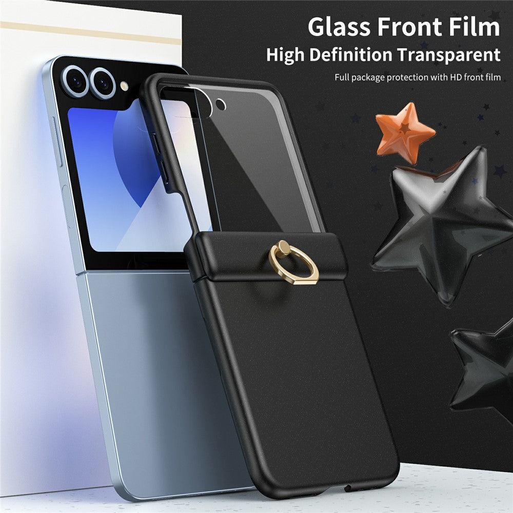For Samsung Galaxy Z Flip7 FE 5G / Z Flip6 5G Case with Tempered Glass Film Ring Holder Kickstand PC Phone Cover - Black