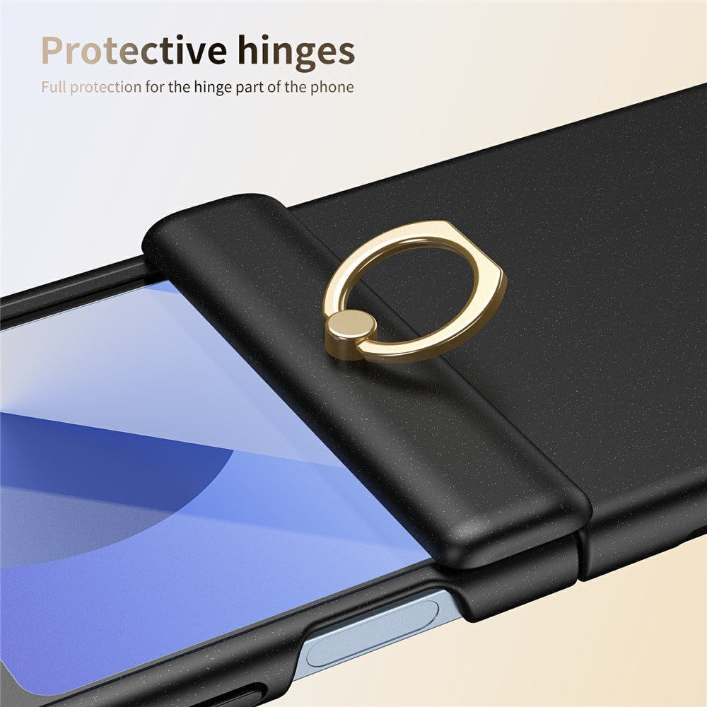 For Samsung Galaxy Z Flip7 FE 5G / Z Flip6 5G Case with Tempered Glass Film Ring Holder Kickstand PC Phone Cover - Black