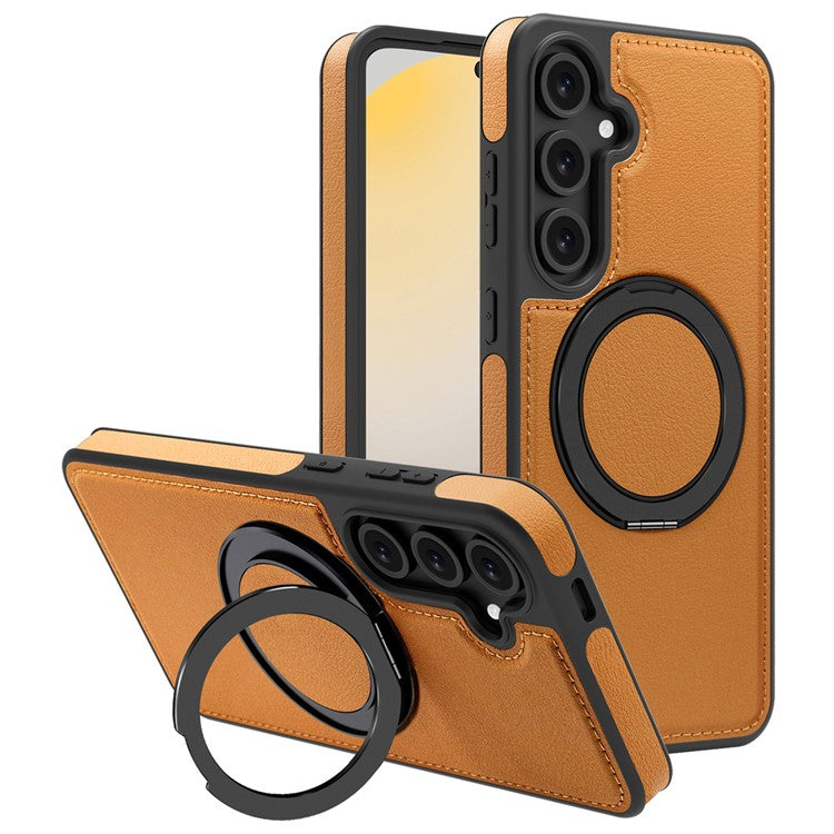 For Samsung Galaxy S24 FE Magnetic Case Rotate Ring Kickstand PU Leather+PC+TPU Back Cover - Brown