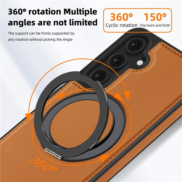 For Samsung Galaxy S24 FE Magnetic Case Rotate Ring Kickstand PU Leather+PC+TPU Back Cover - Brown