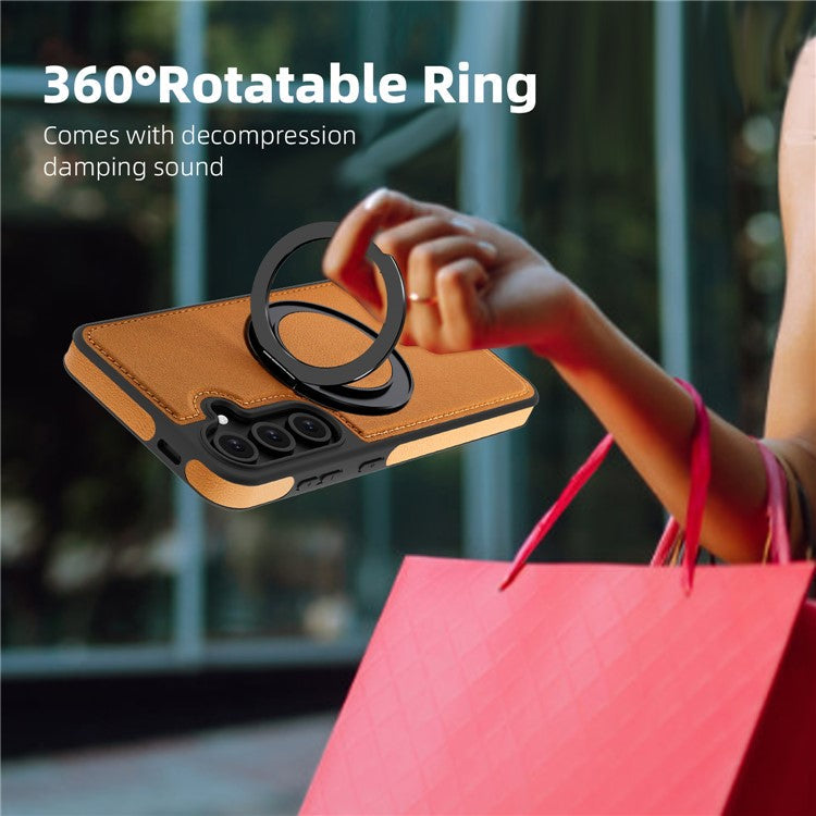 For Samsung Galaxy S24 FE Magnetic Case Rotate Ring Kickstand PU Leather+PC+TPU Back Cover - Brown