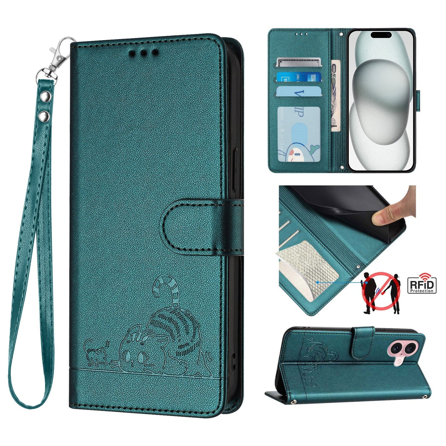 For iPhone 16 Case with Strap RFID Blocking Leather Wallet Phone Cover Cat Mouse Pattern - Dark Green