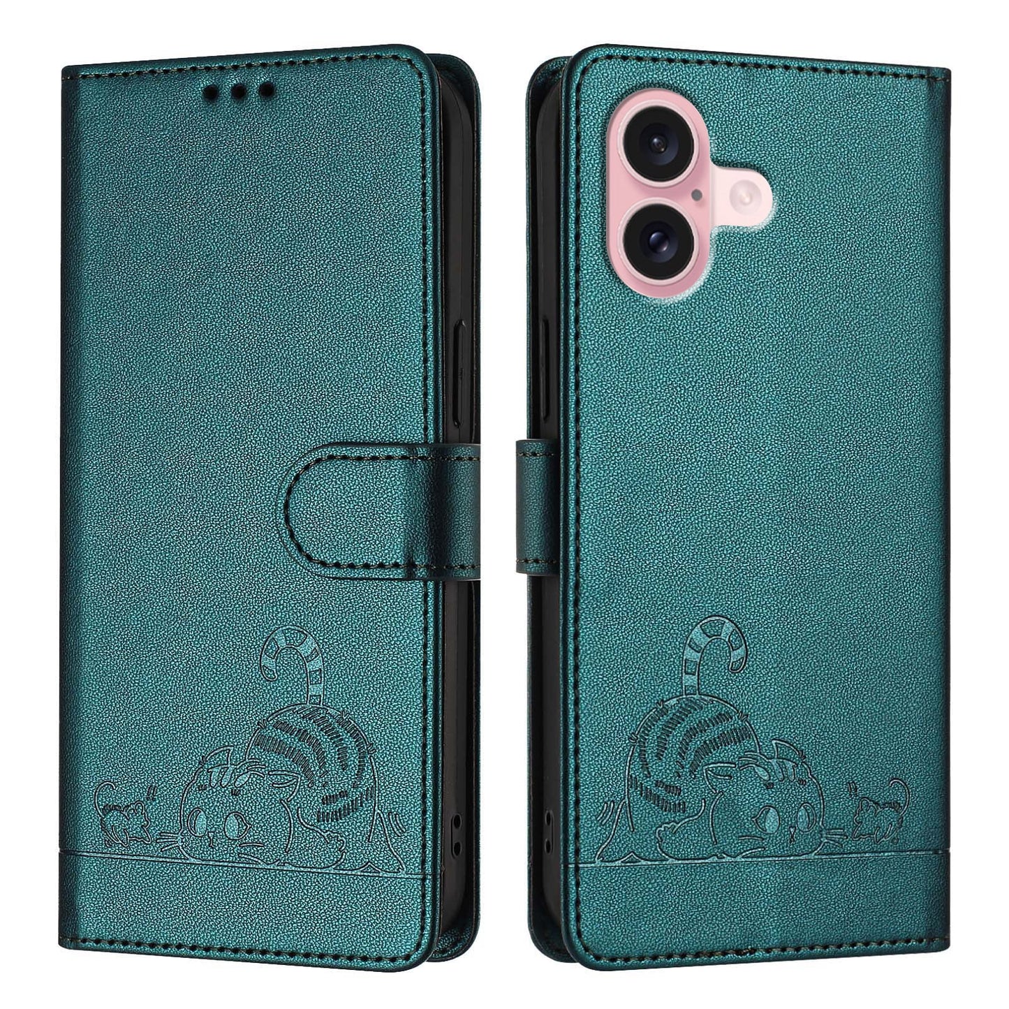 For iPhone 16 Case with Strap RFID Blocking Leather Wallet Phone Cover Cat Mouse Pattern - Dark Green
