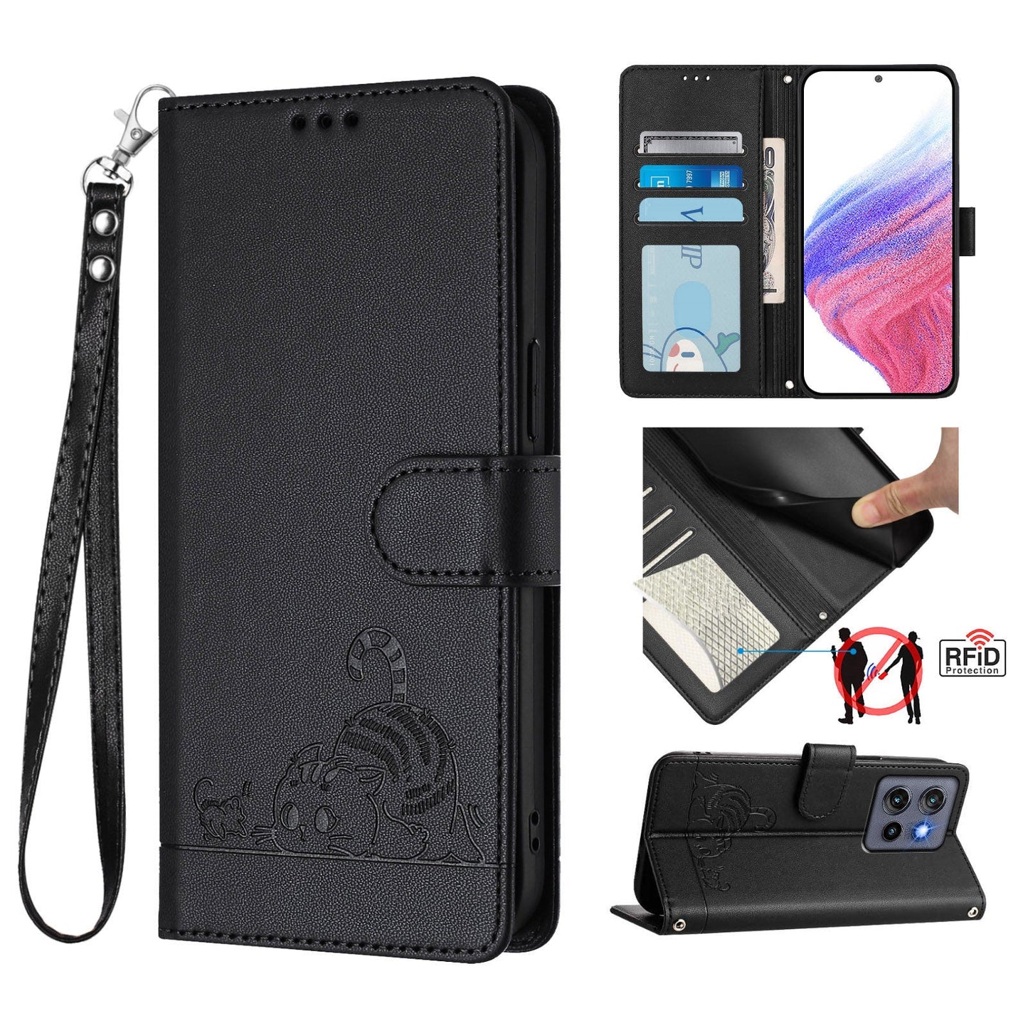 For Motorola Edge 50 Neo 5G Case with Strap RFID Blocking Leather Wallet Phone Cover Cat Mouse Pattern - Black
