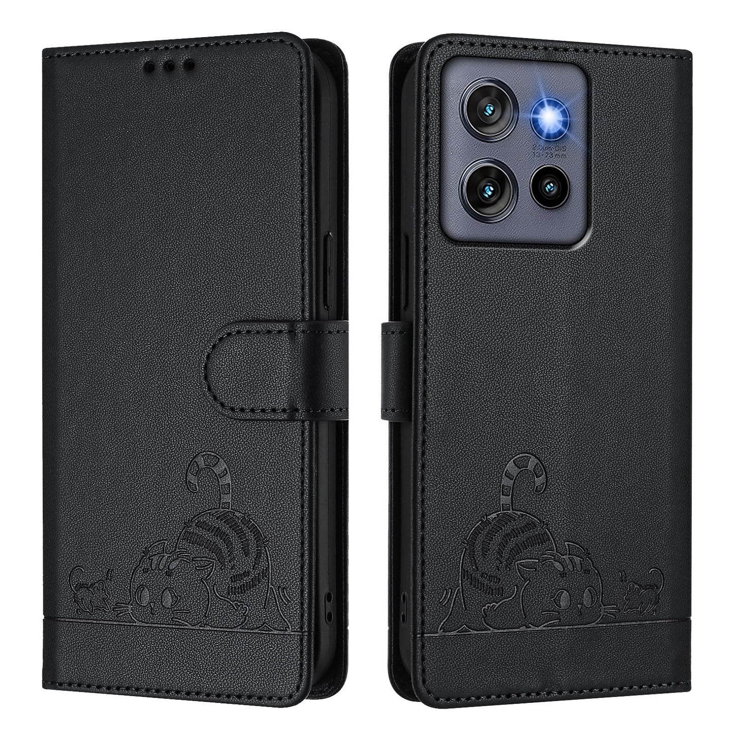 For Motorola Edge 50 Neo 5G Case with Strap RFID Blocking Leather Wallet Phone Cover Cat Mouse Pattern - Black