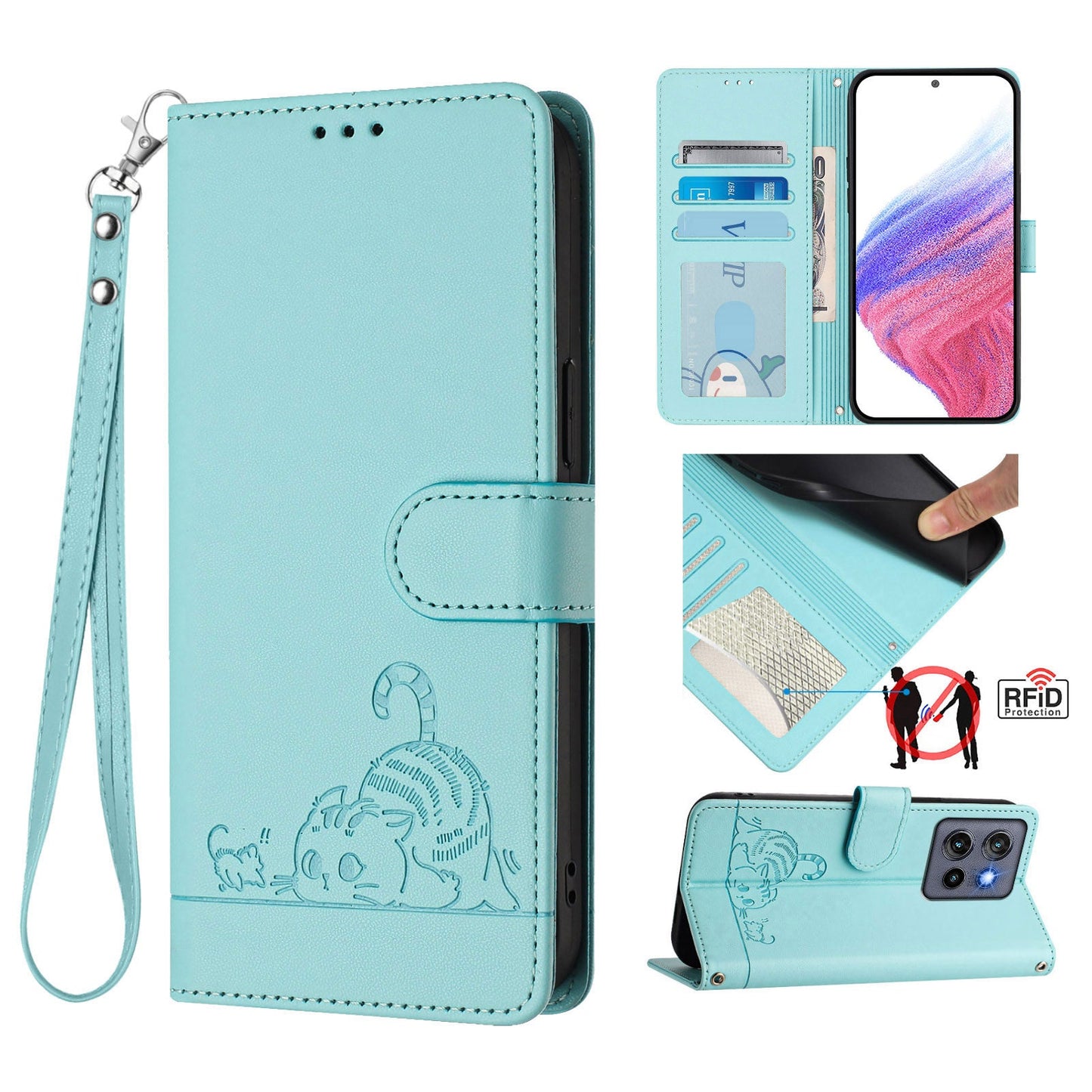 For Motorola Edge 50 Neo 5G Case with Strap RFID Blocking Leather Wallet Phone Cover Cat Mouse Pattern - Mint Green