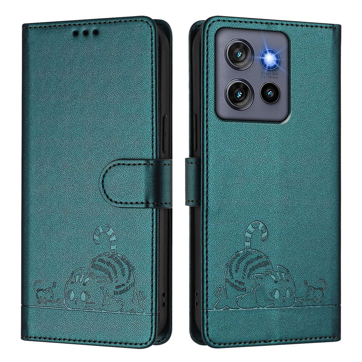 For Motorola Edge 50 Neo 5G Case with Strap RFID Blocking Leather Wallet Phone Cover Cat Mouse Pattern - Dark Green