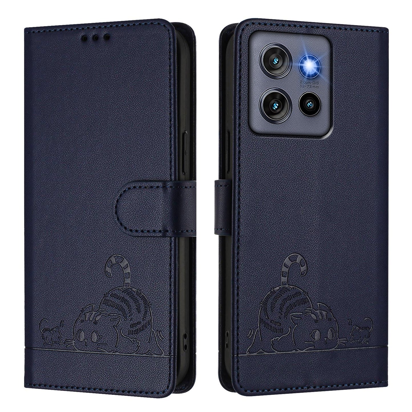 For Motorola Edge 50 Neo 5G Case with Strap RFID Blocking Leather Wallet Phone Cover Cat Mouse Pattern - Sapphire