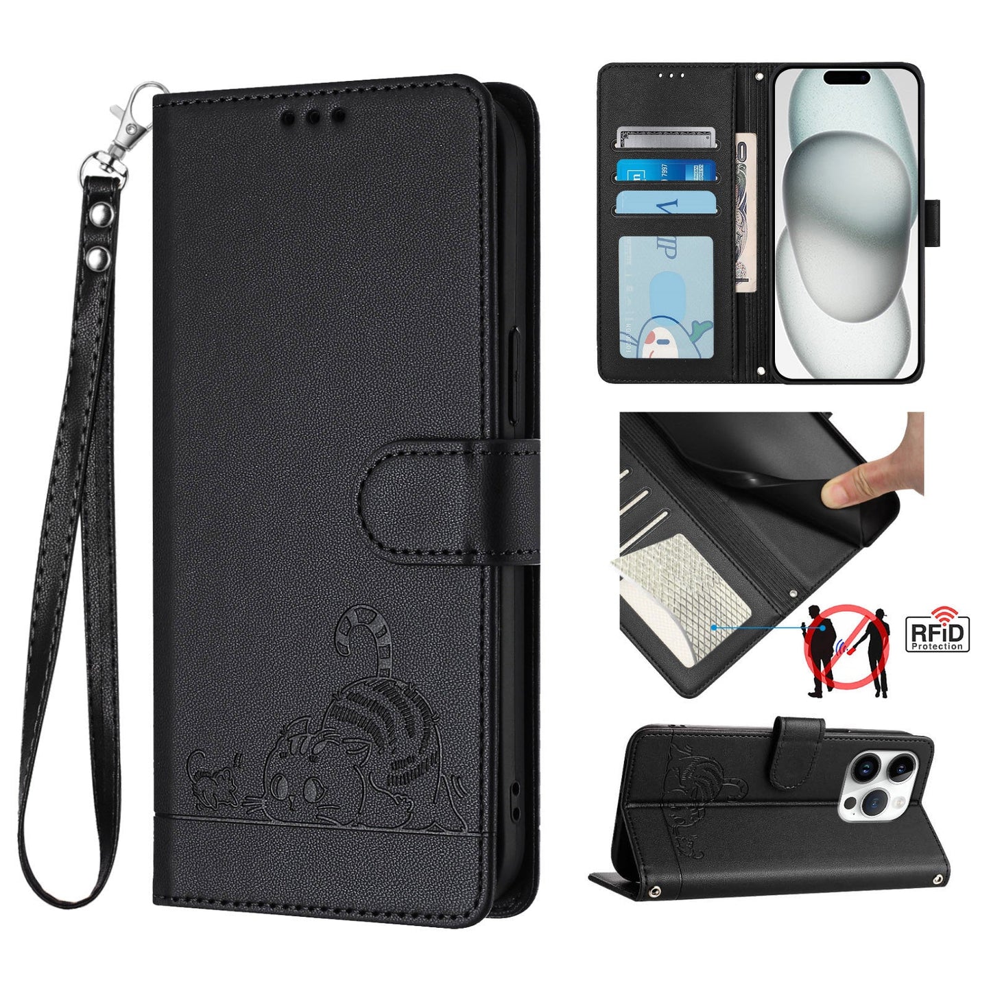 For Google Pixel 9a Case with Strap RFID Blocking Leather Wallet Phone Cover Cat Mouse Pattern - Black