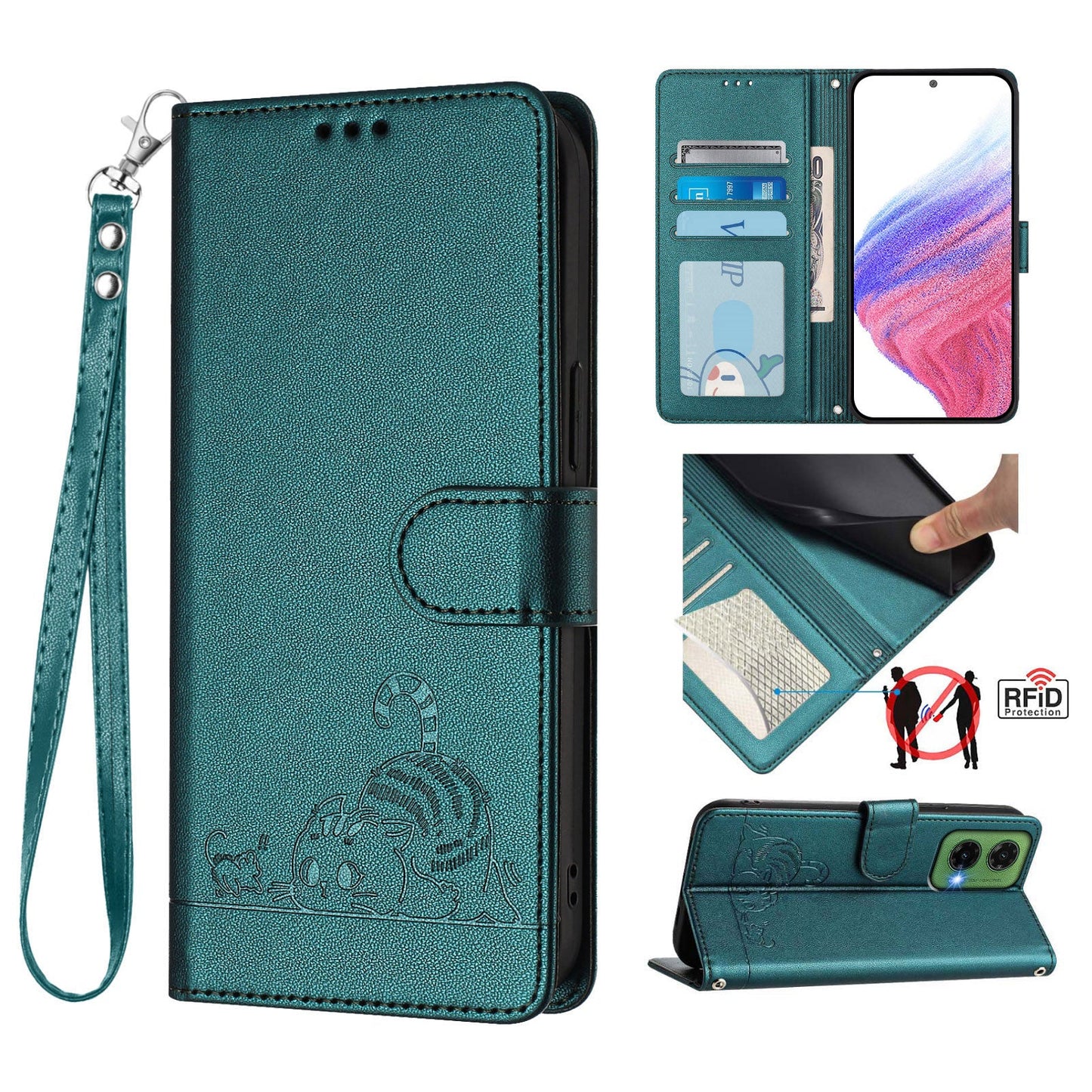 For Google Pixel 9a Case with Strap RFID Blocking Leather Wallet Phone Cover Cat Mouse Pattern - Dark Green