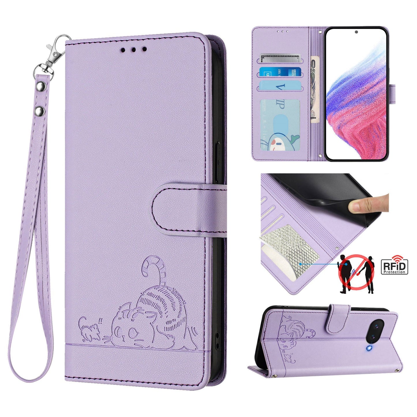 For Google Pixel 9a Case with Strap RFID Blocking Leather Wallet Phone Cover Cat Mouse Pattern - Purple