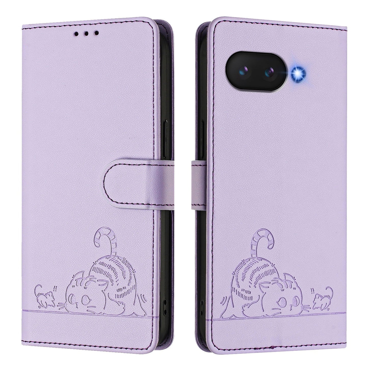 For Google Pixel 9a Case with Strap RFID Blocking Leather Wallet Phone Cover Cat Mouse Pattern - Purple