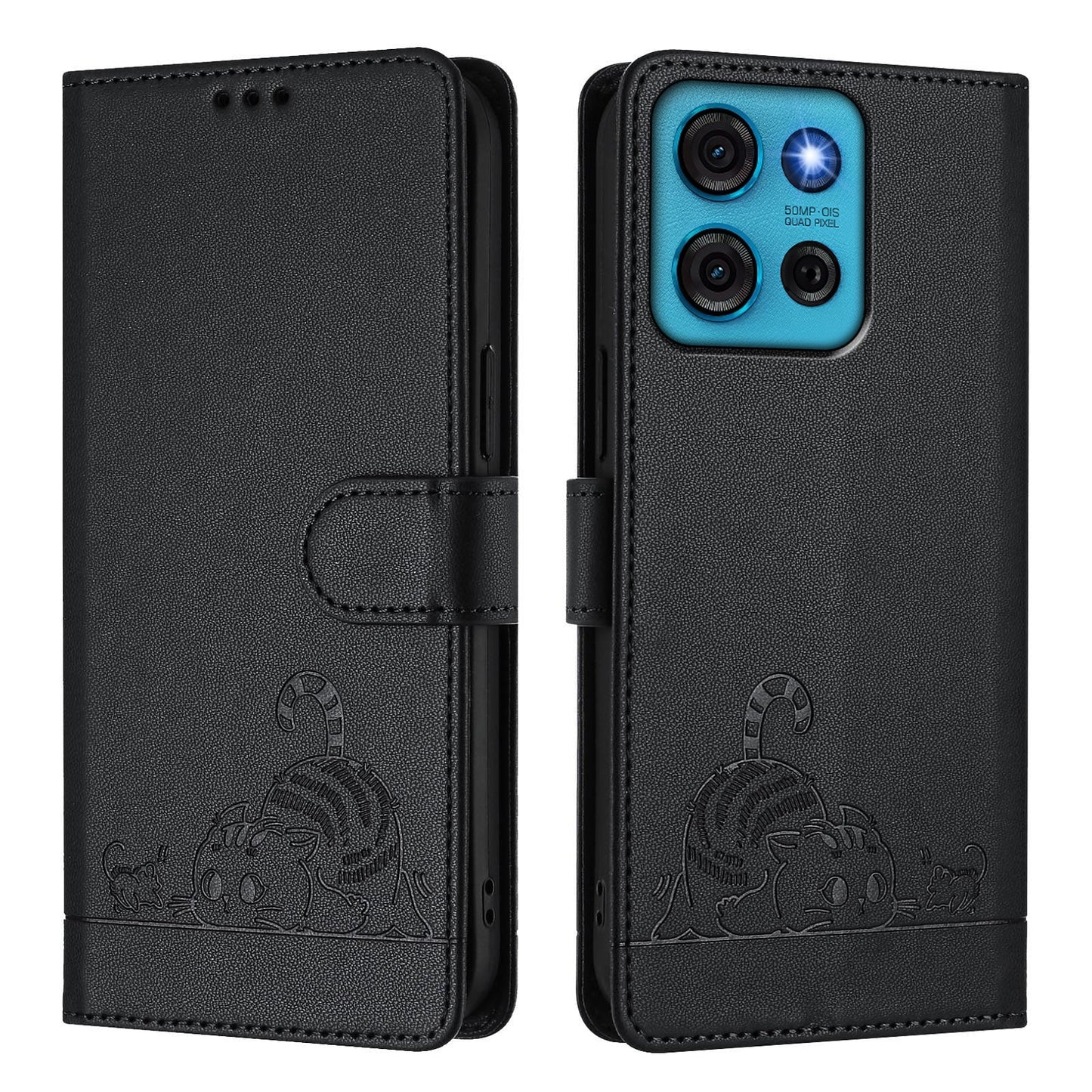 For Motorola Moto G75 5G Case with Strap RFID Blocking Leather Wallet Phone Cover Cat Mouse Pattern - Black