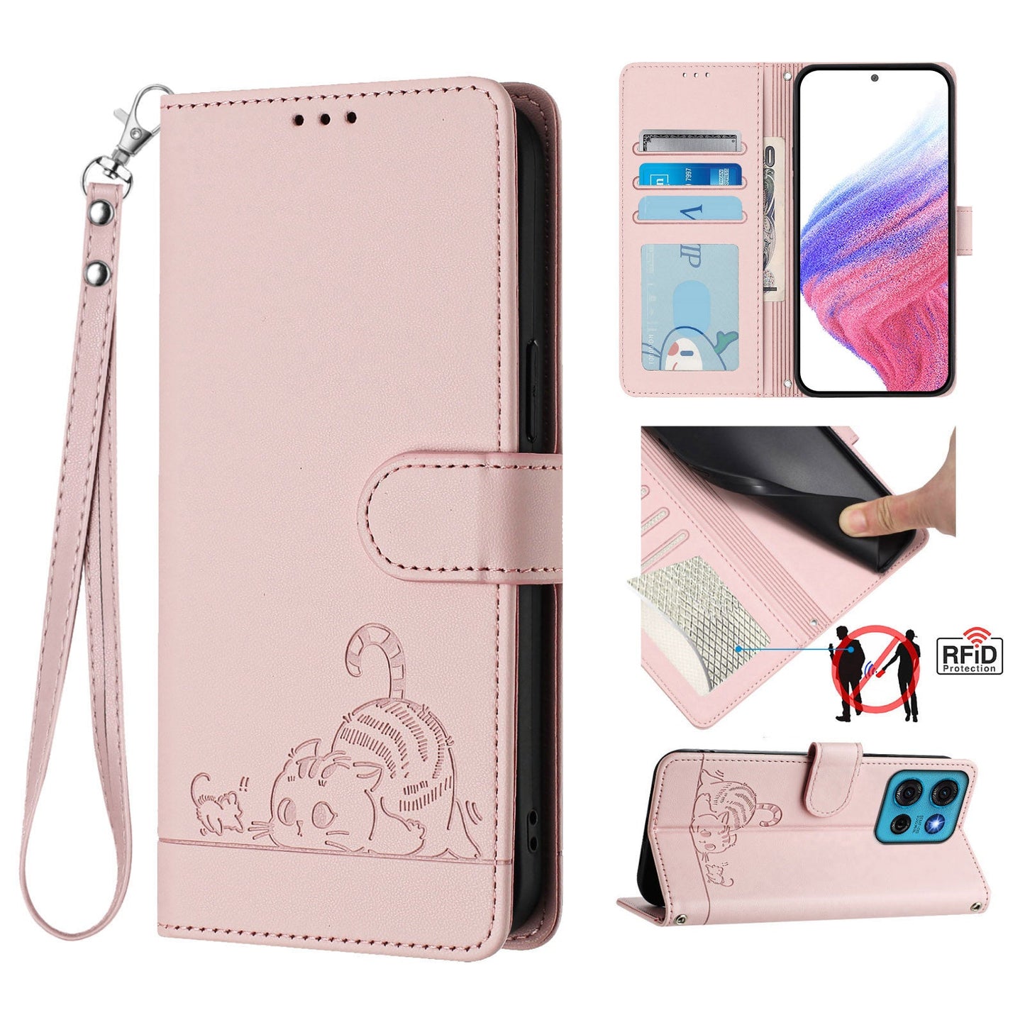 For Motorola Moto G75 5G Case with Strap RFID Blocking Leather Wallet Phone Cover Cat Mouse Pattern - Pink
