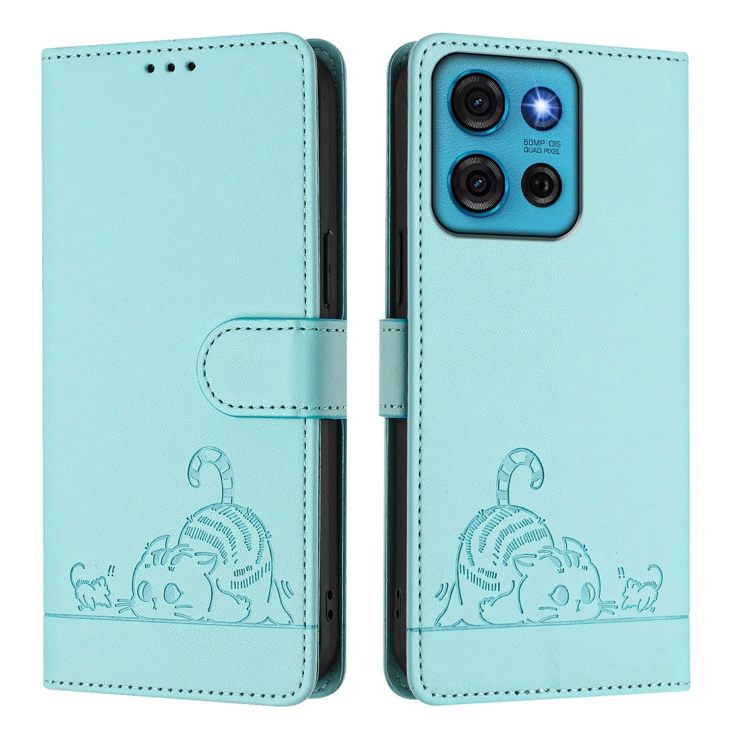 For Motorola Moto G75 5G Case with Strap RFID Blocking Leather Wallet Phone Cover Cat Mouse Pattern - Mint Green