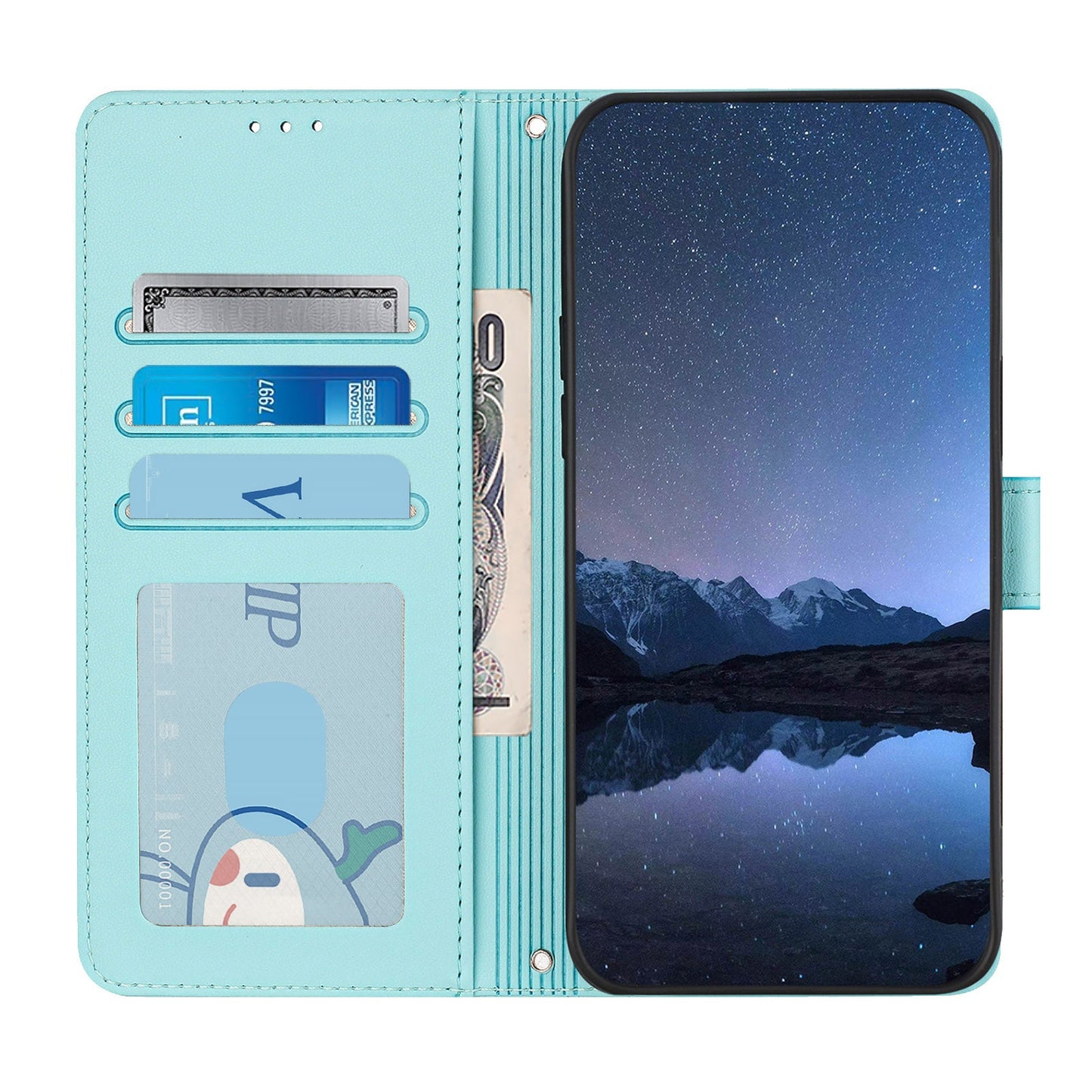For Motorola Moto G75 5G Case with Strap RFID Blocking Leather Wallet Phone Cover Cat Mouse Pattern - Mint Green