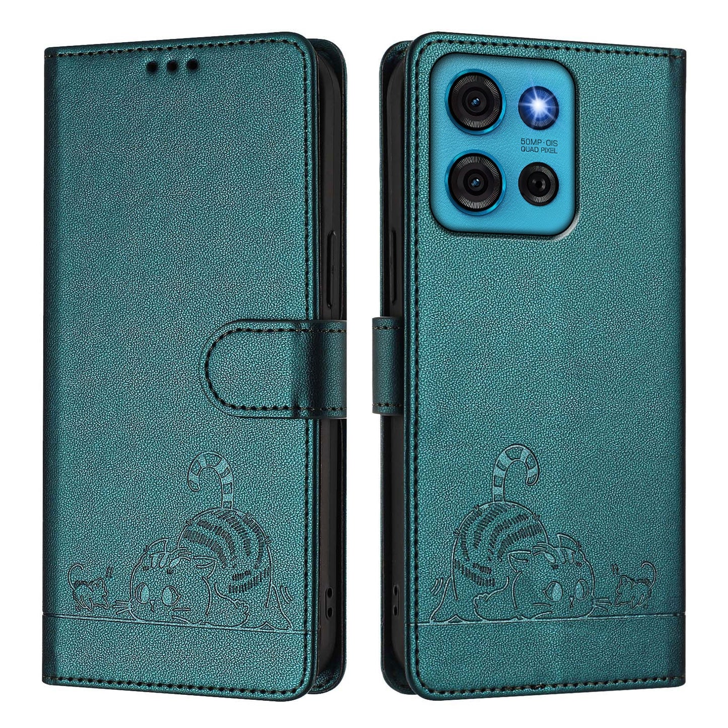 For Motorola Moto G75 5G Case with Strap RFID Blocking Leather Wallet Phone Cover Cat Mouse Pattern - Dark Green