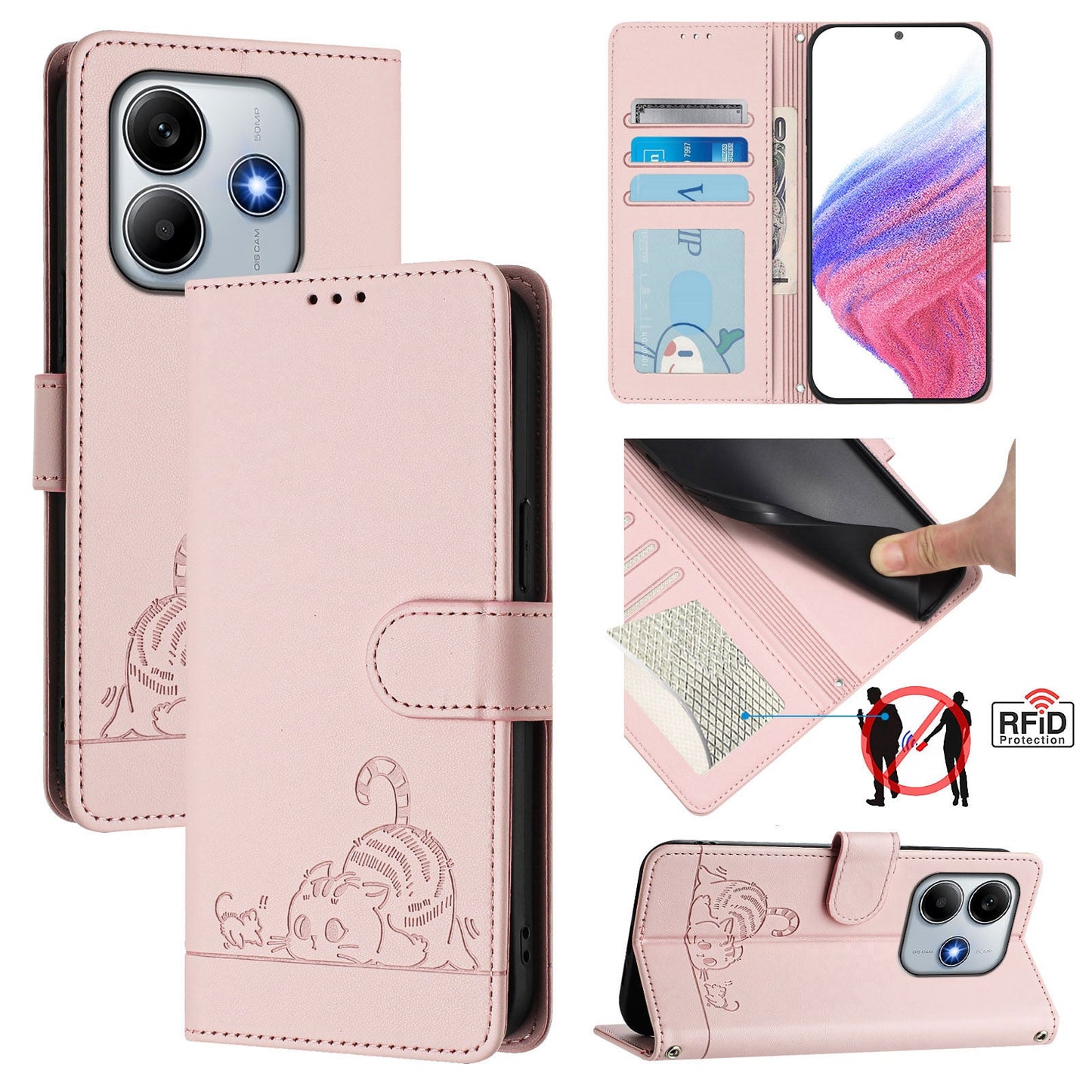 For Xiaomi Redmi Note 14 5G Case with Strap RFID Blocking Leather Wallet Phone Cover Cat Mouse Pattern - Pink