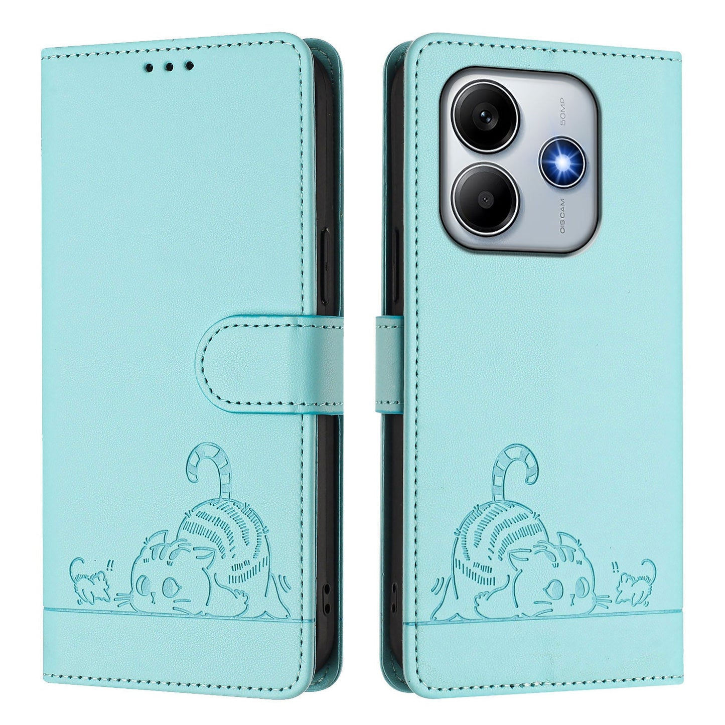 For Xiaomi Redmi Note 14 5G Case with Strap RFID Blocking Leather Wallet Phone Cover Cat Mouse Pattern - Mint Green