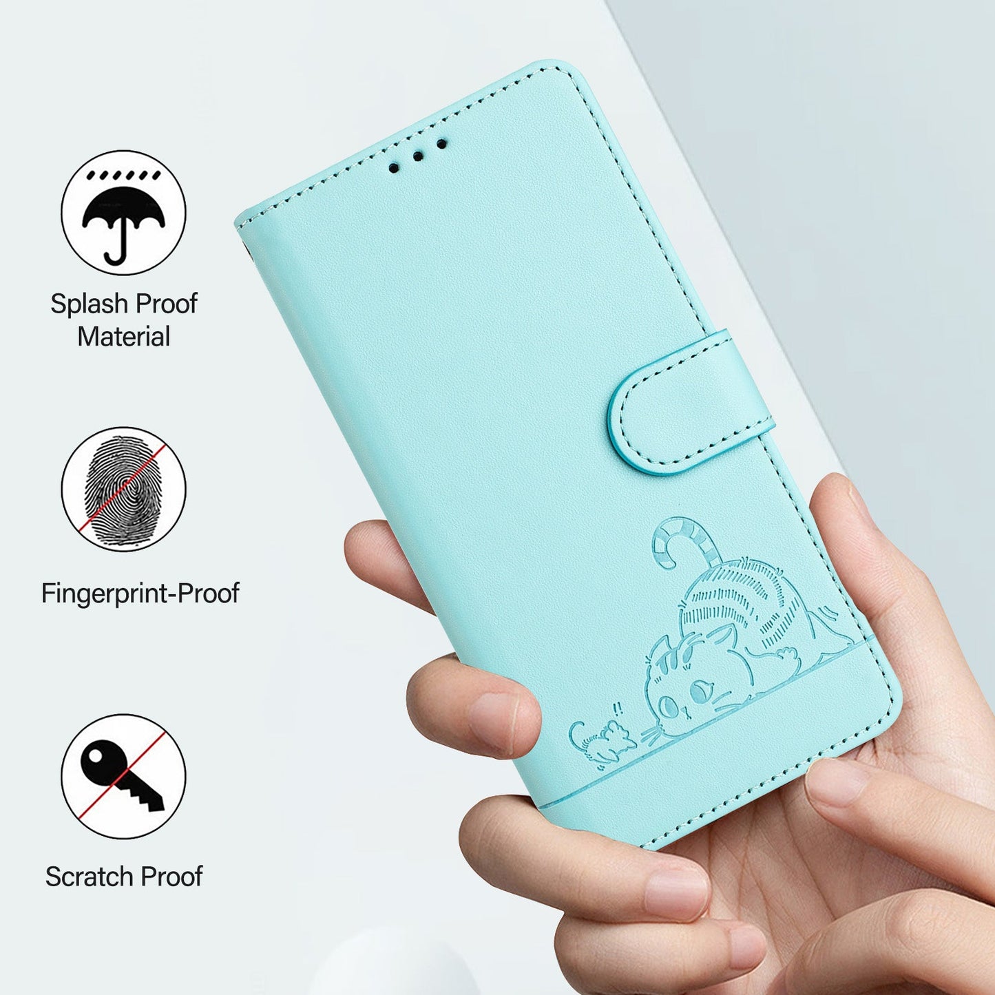 For Xiaomi Redmi Note 14 5G Case with Strap RFID Blocking Leather Wallet Phone Cover Cat Mouse Pattern - Mint Green