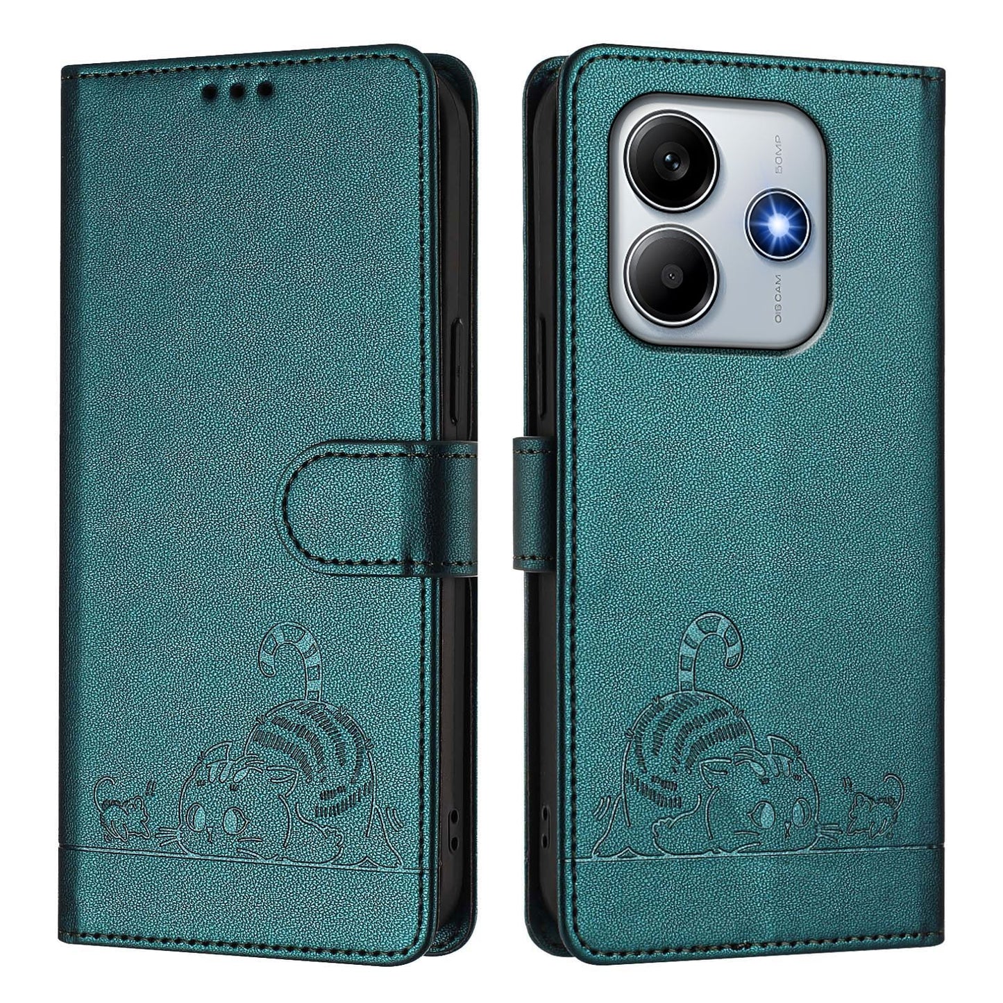 For Xiaomi Redmi Note 14 5G Case with Strap RFID Blocking Leather Wallet Phone Cover Cat Mouse Pattern - Dark Green