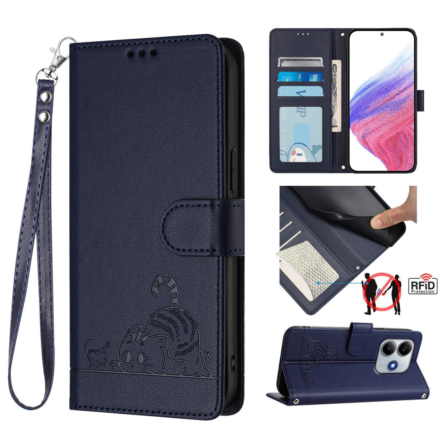 For Xiaomi Redmi Note 14 5G Case with Strap RFID Blocking Leather Wallet Phone Cover Cat Mouse Pattern - Sapphire