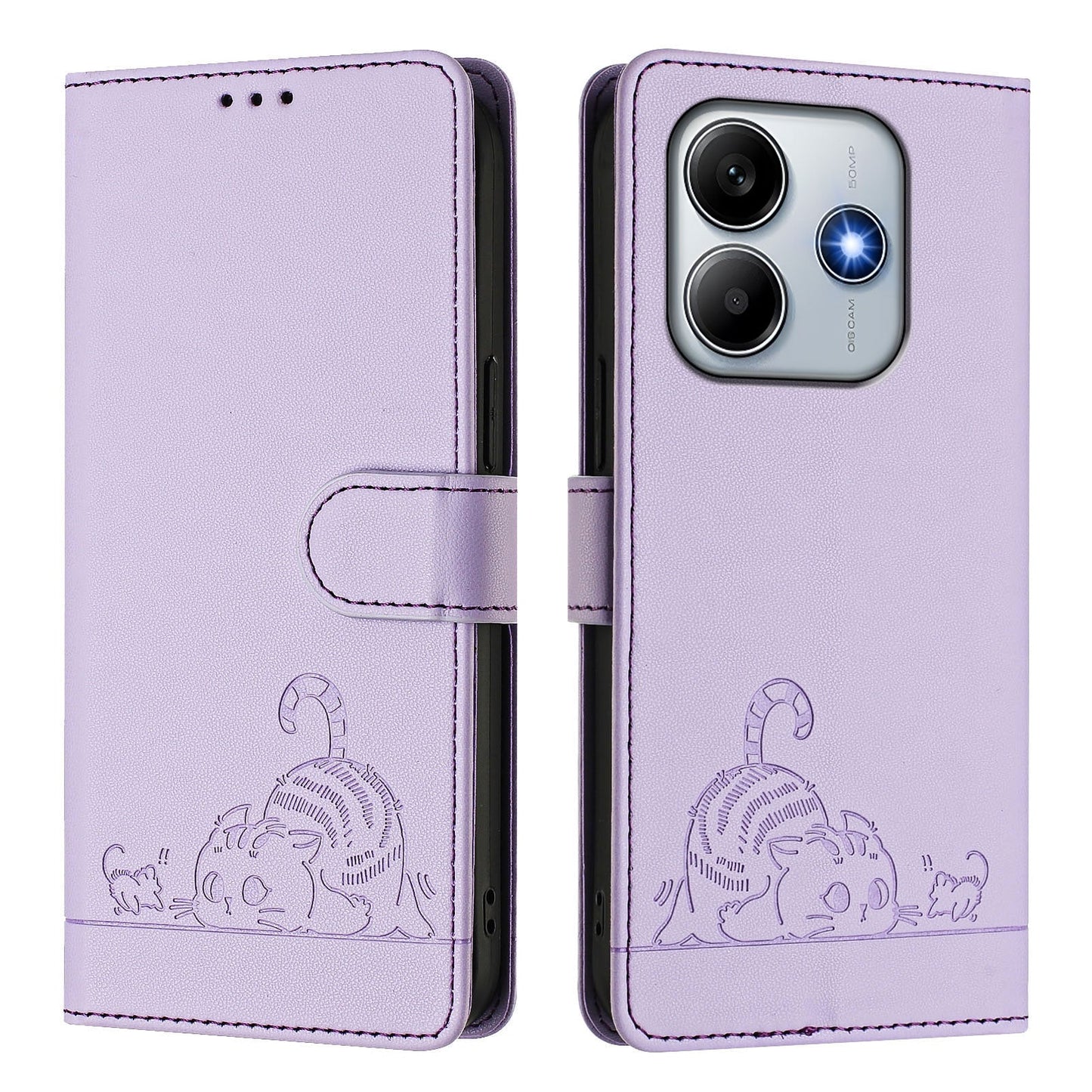For Xiaomi Redmi Note 14 5G Case with Strap RFID Blocking Leather Wallet Phone Cover Cat Mouse Pattern - Purple