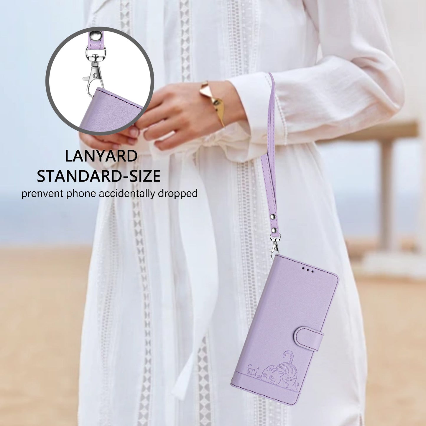 For Xiaomi Redmi Note 14 5G Case with Strap RFID Blocking Leather Wallet Phone Cover Cat Mouse Pattern - Purple