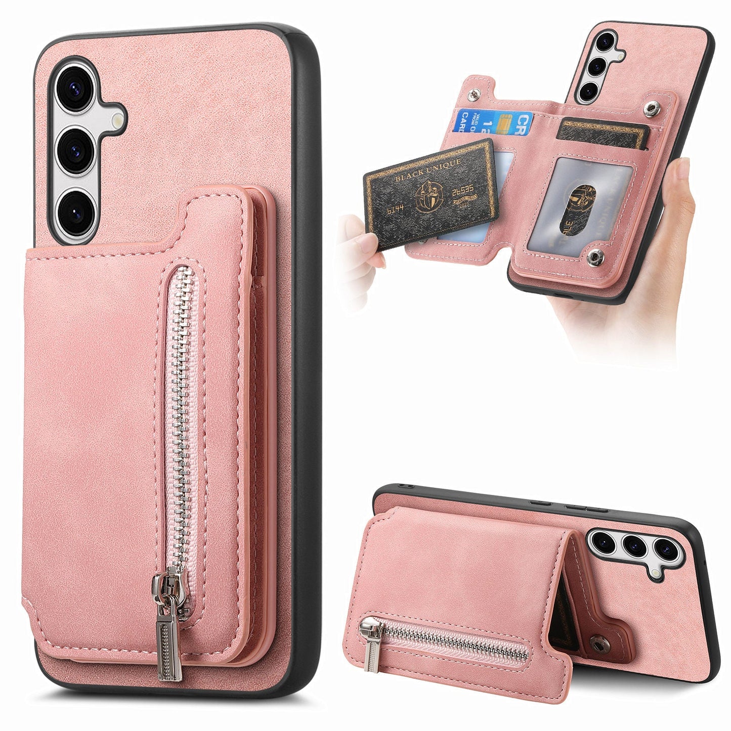For Samsung Galaxy S25 Case Magnetic Detachable Zipper Card Holder Leather Phone Back Cover - Pink
