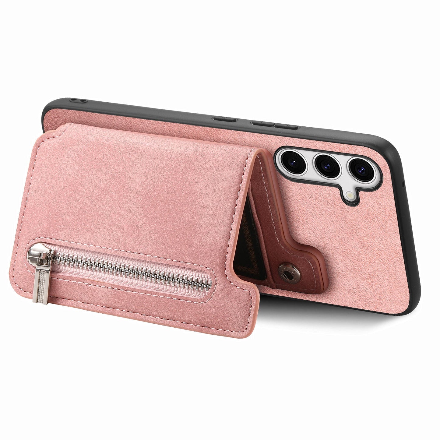For Samsung Galaxy S25 Case Magnetic Detachable Zipper Card Holder Leather Phone Back Cover - Pink