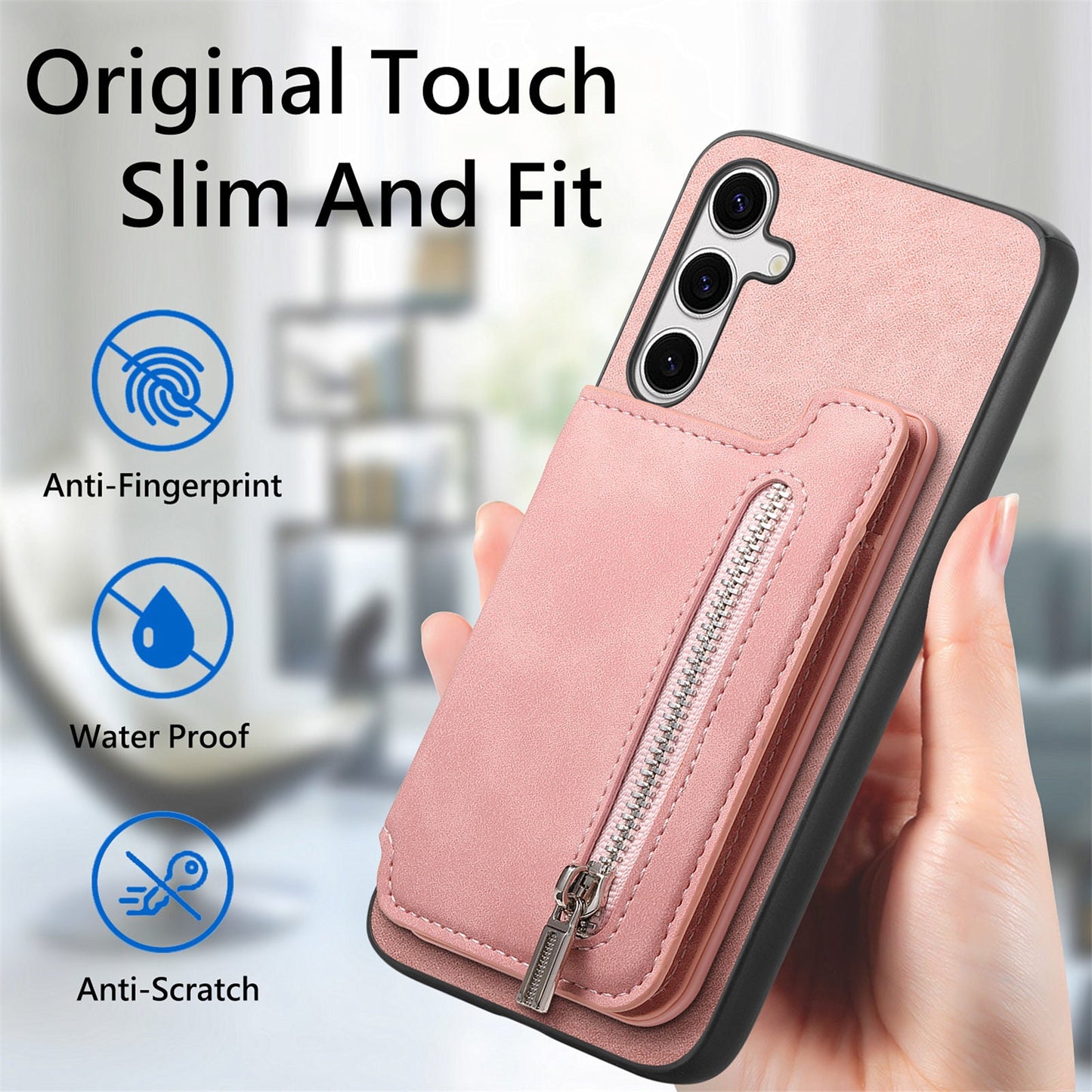 For Samsung Galaxy S25 Case Magnetic Detachable Zipper Card Holder Leather Phone Back Cover - Pink