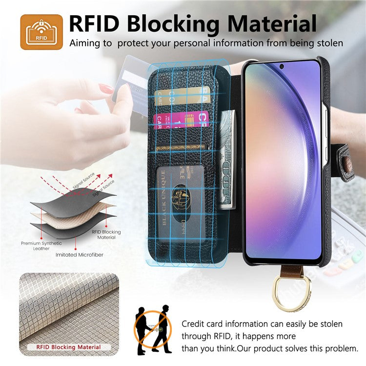For Samsung Galaxy A16 4G / 5G Case RFID Blocking Zipper Wallet PU Leather Mobile Cover - Black