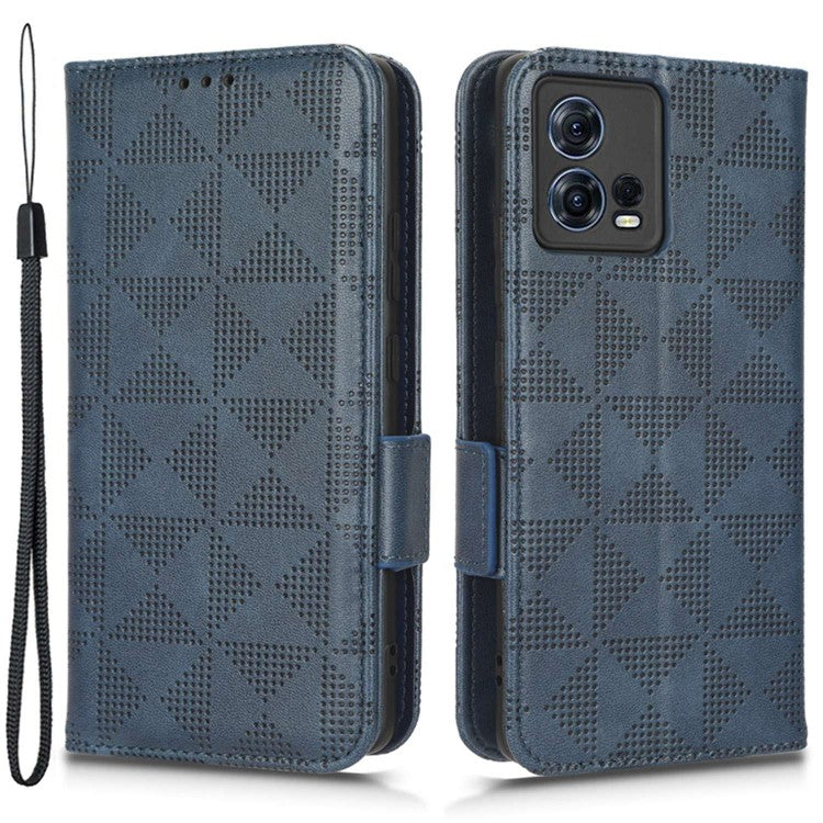 For Motorola Moto S30 Pro 5G Imprinted Triangle Pattern Shockproof Phone Case PU Leather Wallet Stand Protective Cover - Blue