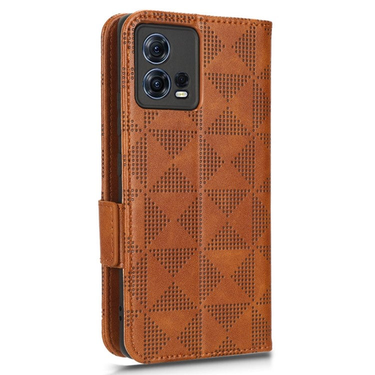 For Motorola Moto S30 Pro 5G Imprinted Triangle Pattern Shockproof Phone Case PU Leather Wallet Stand Protective Cover - Brown