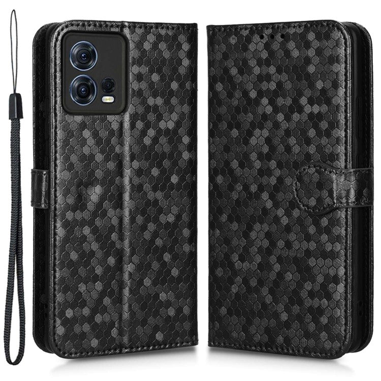 For Motorola Moto S30 Pro 5G PU Leather Dot Pattern Imprinted Stand Case Shockproof Phone Wallet Cover with Strap - Black
