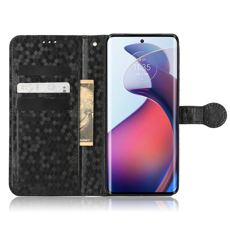 For Motorola Moto S30 Pro 5G PU Leather Dot Pattern Imprinted Stand Case Shockproof Phone Wallet Cover with Strap - Black